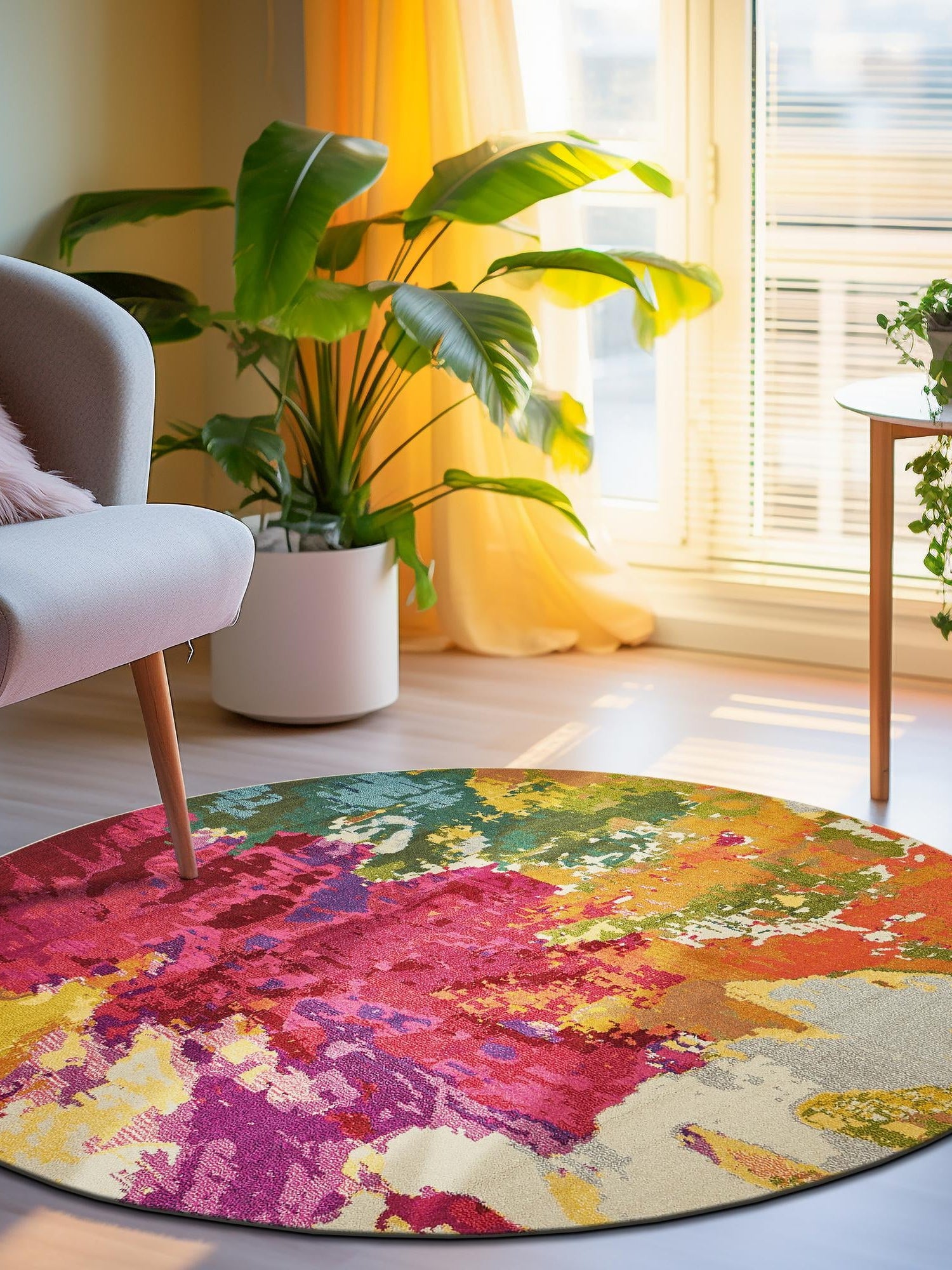 Multicolor 8' x 8' Estrella Round Area Rug 100% Polypropylene Non-Shedding Stain Resistant Carpet Colorful Modern Abstract Design Easy Clean for Home Decor for Sale at Rug Engine