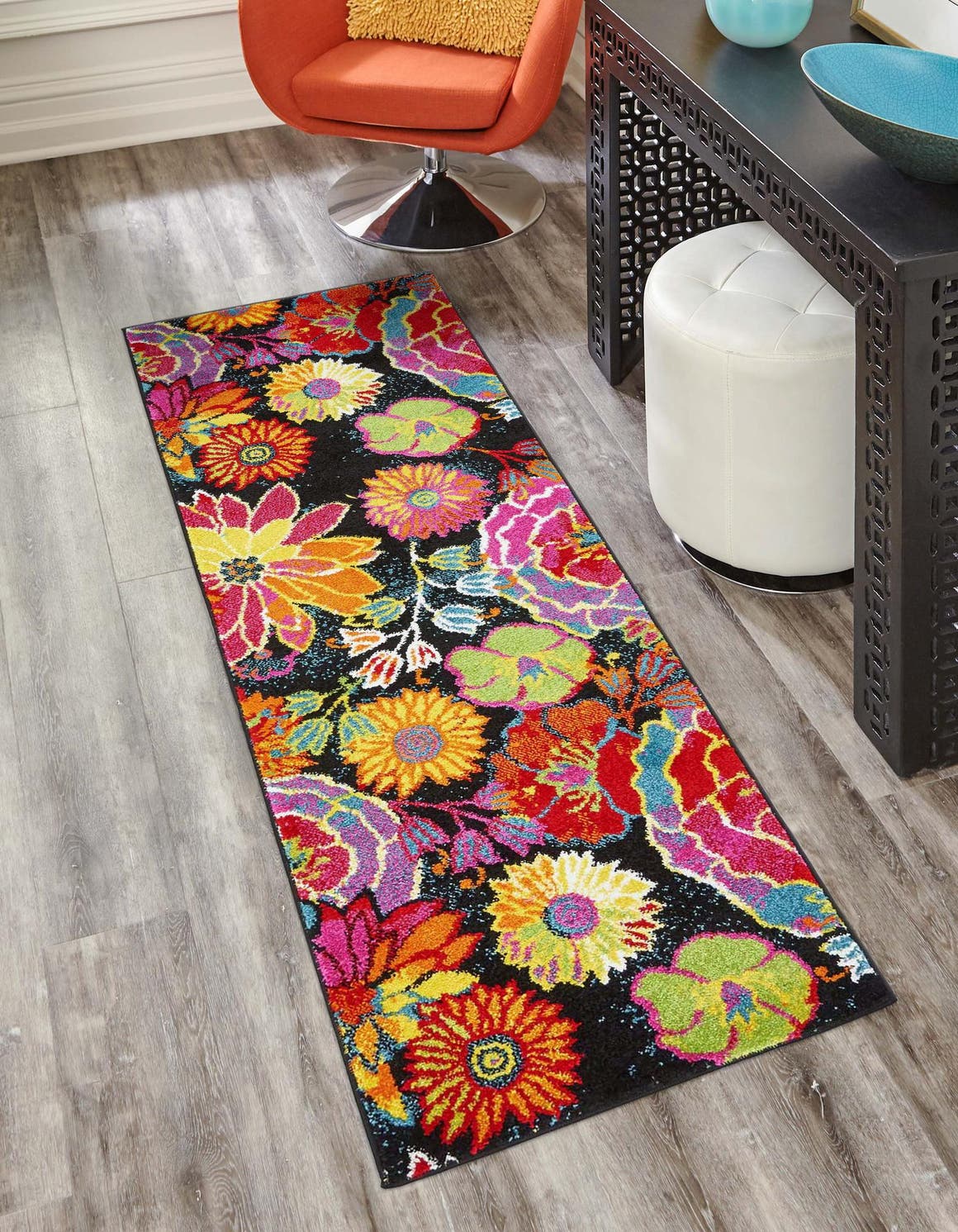 Black 2' 2 x 5' 3 Lyon Runner Area Rug Vivid Colorful Abstract Modern 100% Polypropylene Carpet for Living Room, Dining, Office for Sale at Rug Engine
