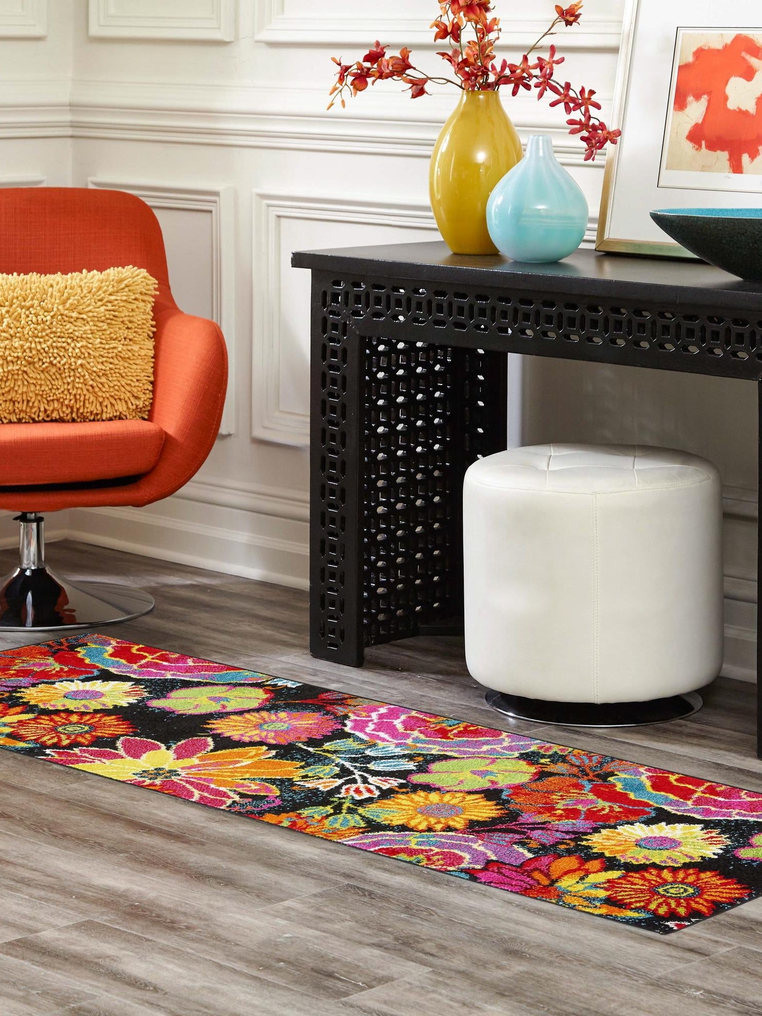 Black 2' 7 x 12' Lyon Runner Area Rug Vivid Colorful Abstract Modern 100% Polypropylene Carpet for Living Room, Dining, Office for Sale at Rug Engine