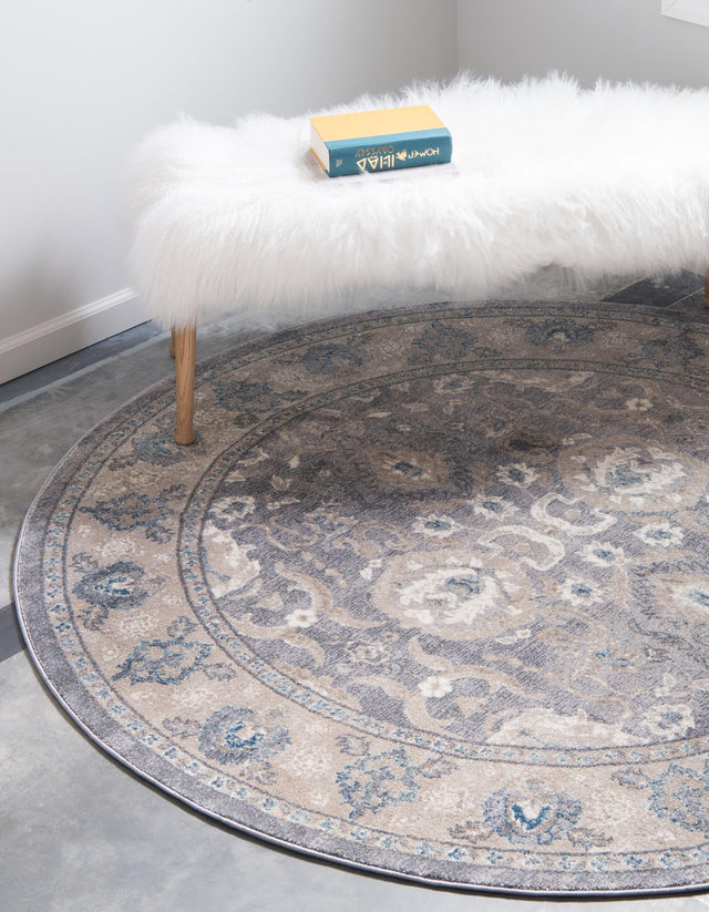 Gray 5' x 5' Salzburg Round Area Rug Stain Resistant Easy Clean Traditional Classic Design Durable Carpet for Affordable Interior Home Decorating for Sale at Rug Engine
