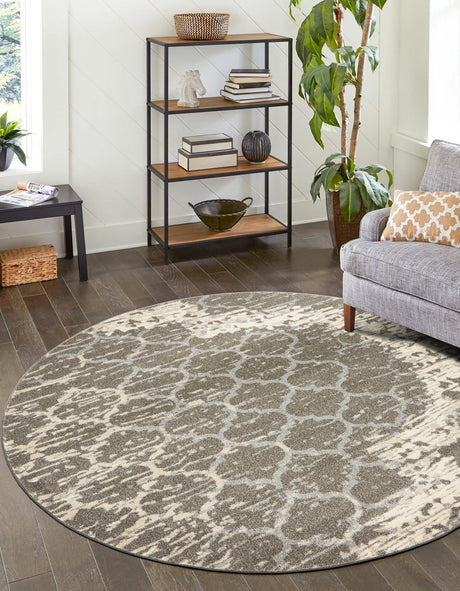Light Gray 6' x 6' Trellis Round Area Rug