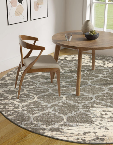 Light Gray 6' x 6' Trellis Round Area Rug Geometric Modern Unique Durable Easy Clean Carpet for Contemporary Interior Design for Sale at Rug Engine