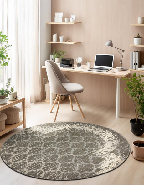 Light Gray 6' x 6' Trellis Round Area Rug Geometric Modern Unique Durable Easy Clean Carpet for Contemporary Interior Design for Sale at Rug Engine