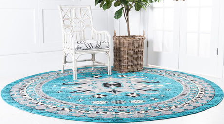 Turquoise 7' 10 x 7' 10 Taftan Round Area Rug Durable 100% Polypropylene Classic Traditional Design Easy Clean Carpet for Home Interiors for Sale at Rug Engine