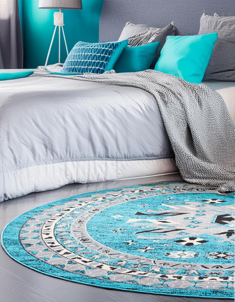 Turquoise 7' 10 x 7' 10 Taftan Round Area Rug Durable 100% Polypropylene Classic Traditional Design Easy Clean Carpet for Home Interiors for Sale at Rug Engine