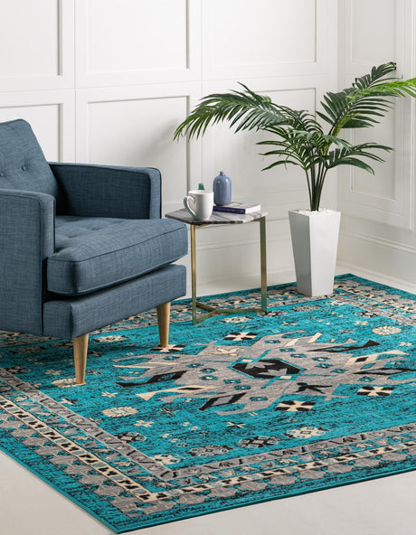 Turquoise 7' 10 x 7' 10 Taftan Square Area Rug Durable 100% Polypropylene Classic Traditional Design Easy Clean Carpet for Home Interiors for Sale at Rug Engine