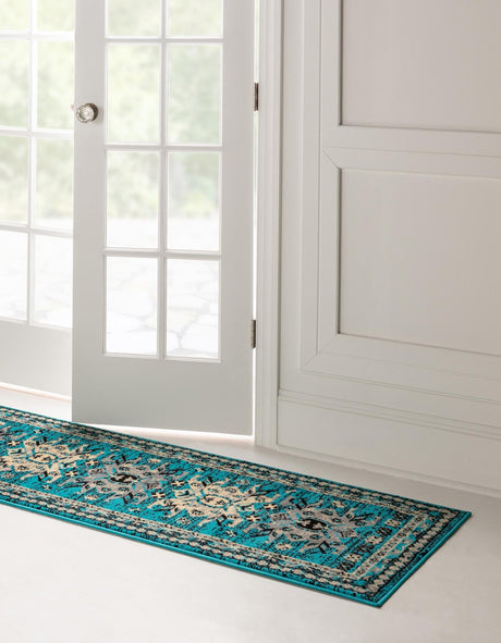 Turquoise 3' 1 x 16' 5 Taftan Runner Area Rug Durable 100% Polypropylene Classic Traditional Design Easy Clean Carpet for Home Interiors for Sale at Rug Engine