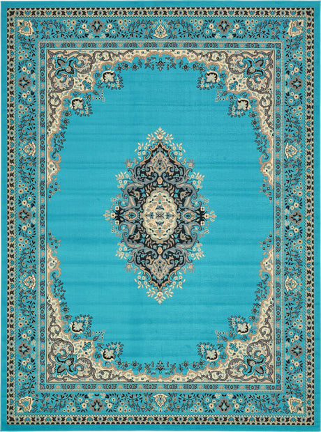 Turquoise 10' x 13' 1 Reza Rectangle Area Rug 100% Polypropylene Easy Clean Traditional Motif Classic Carpet for Home Interiors for Sale at Rug Engine