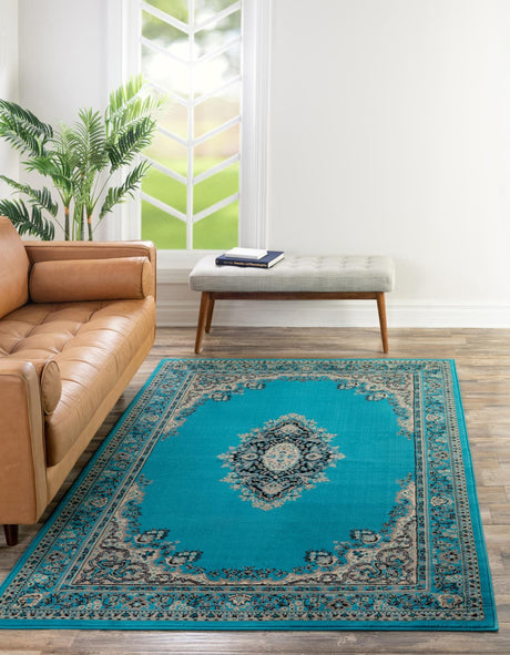 Turquoise 5' 3 x 8' Reza Rectangle Area Rug 100% Polypropylene Easy Clean Traditional Motif Classic Carpet for Home Interiors for Sale at Rug Engine