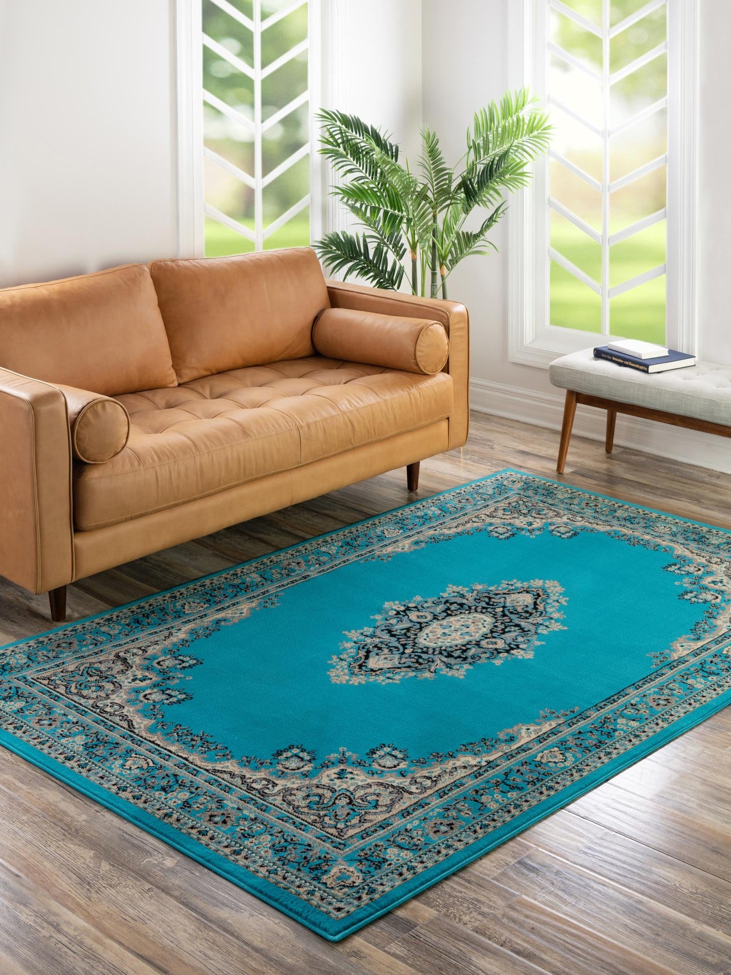 Turquoise 5' 3 x 8' Reza Rectangle Area Rug 100% Polypropylene Easy Clean Traditional Motif Classic Carpet for Home Interiors for Sale at Rug Engine