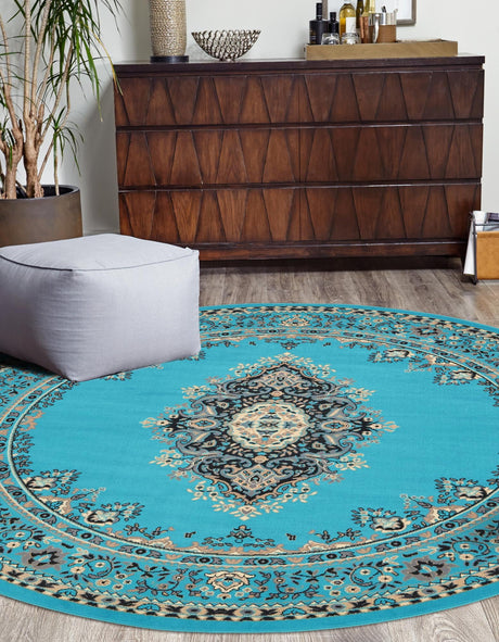 Turquoise 7' 10 x 7' 10 Reza Round Area Rug 100% Polypropylene Easy Clean Traditional Motif Classic Carpet for Home Interiors for Sale at Rug Engine