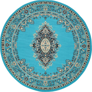 Turquoise 7' 10 x 7' 10 Reza Round Area Rug 100% Polypropylene Easy Clean Traditional Motif Classic Carpet for Home Interiors for Sale at Rug Engine