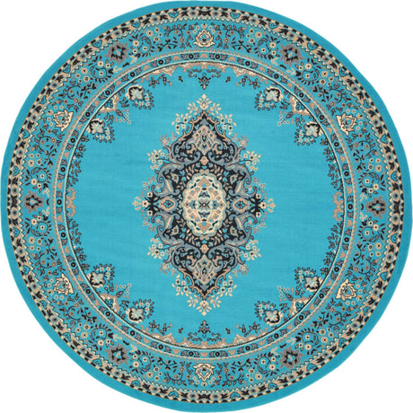 Turquoise 7' 10 x 7' 10 Reza Round Area Rug 100% Polypropylene Easy Clean Traditional Motif Classic Carpet for Home Interiors for Sale at Rug Engine