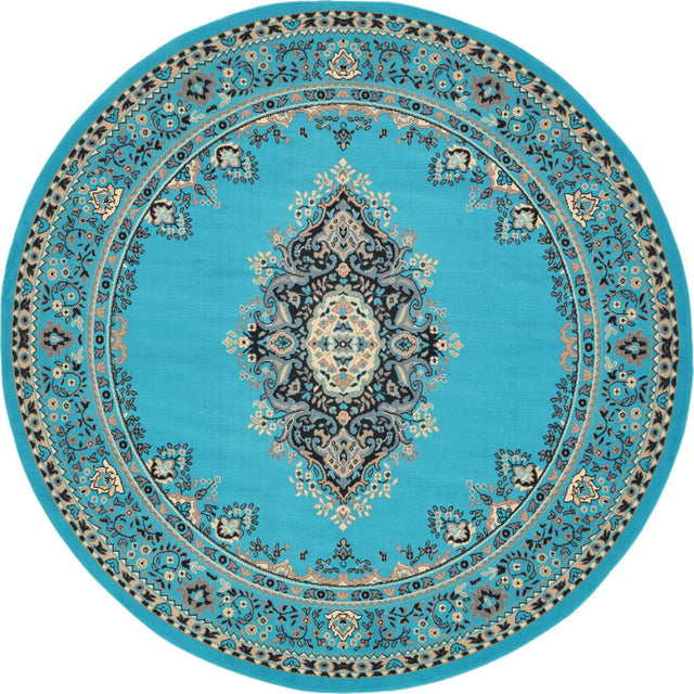 Turquoise 7' 10 x 7' 10 Reza Round Area Rug 100% Polypropylene Easy Clean Traditional Motif Classic Carpet for Home Interiors for Sale at Rug Engine