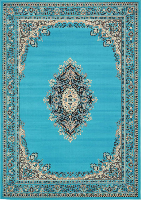 Turquoise 7' 1 x 10' Reza Rectangle Area Rug 100% Polypropylene Easy Clean Traditional Motif Classic Carpet for Home Interiors for Sale at Rug Engine