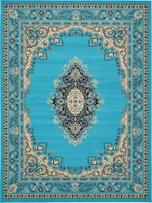Turquoise 9' x 12' Reza Rectangle Area Rug 100% Polypropylene Easy Clean Traditional Motif Classic Carpet for Home Interiors for Sale at Rug Engine