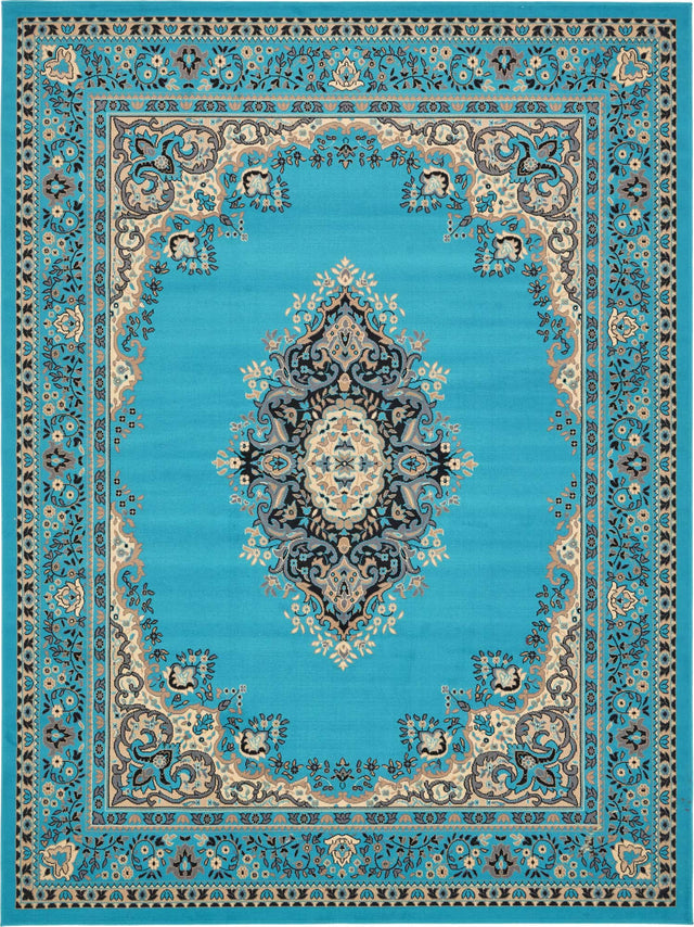 Turquoise 9' x 12' Reza Rectangle Area Rug 100% Polypropylene Easy Clean Traditional Motif Classic Carpet for Home Interiors for Sale at Rug Engine