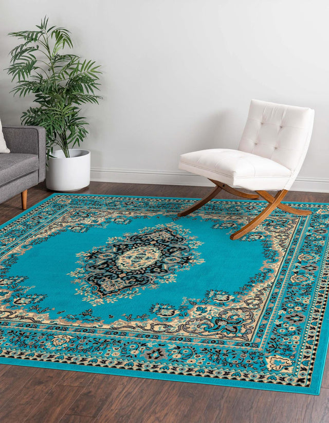 Turquoise 7' 10 x 7' 10 Reza Square Area Rug 100% Polypropylene Easy Clean Traditional Motif Classic Carpet for Home Interiors for Sale at Rug Engine