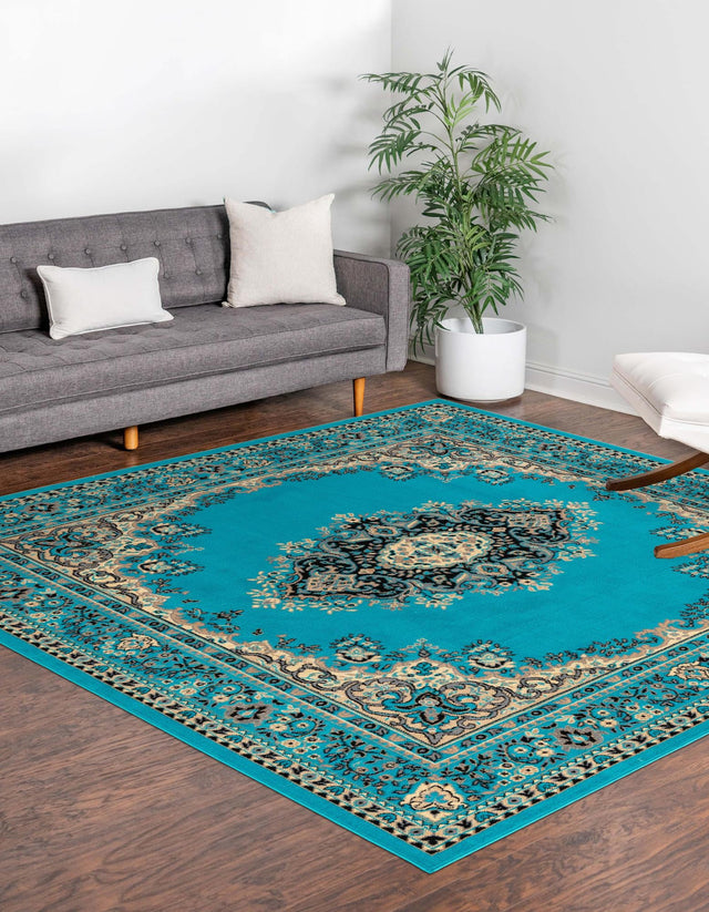 Turquoise 7' 10 x 7' 10 Reza Square Area Rug 100% Polypropylene Easy Clean Traditional Motif Classic Carpet for Home Interiors for Sale at Rug Engine