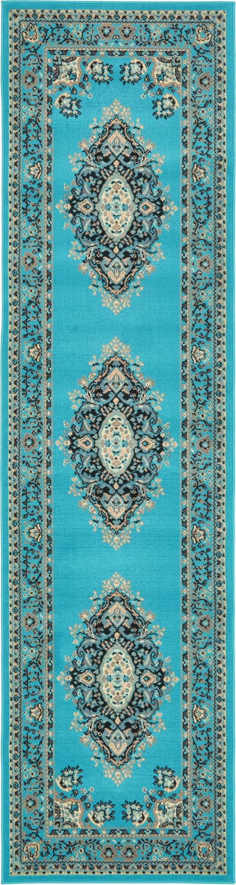 Turquoise 2' 7 x 10' Reza Runner Area Rug 100% Polypropylene Easy Clean Traditional Motif Classic Carpet for Home Interiors for Sale at Rug Engine