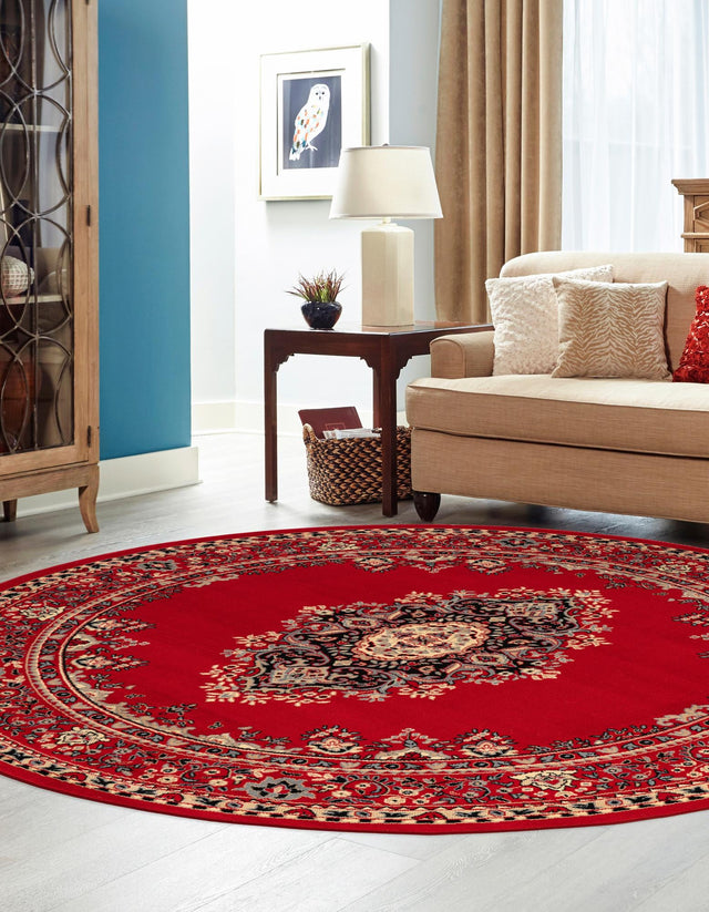 Red 7' 10 x 7' 10 Reza Round Area Rug 100% Polypropylene Easy Clean Traditional Motif Classic Carpet for Home Interiors for Sale at Rug Engine