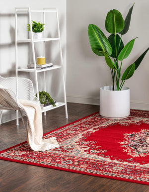 Red 7' 10 x 7' 10 Reza Square Area Rug 100% Polypropylene Easy Clean Traditional Motif Classic Carpet for Home Interiors for Sale at Rug Engine
