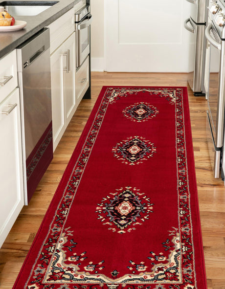 Red 2' 7 x 10' Reza Runner Area Rug 100% Polypropylene Easy Clean Traditional Motif Classic Carpet for Home Interiors for Sale at Rug Engine