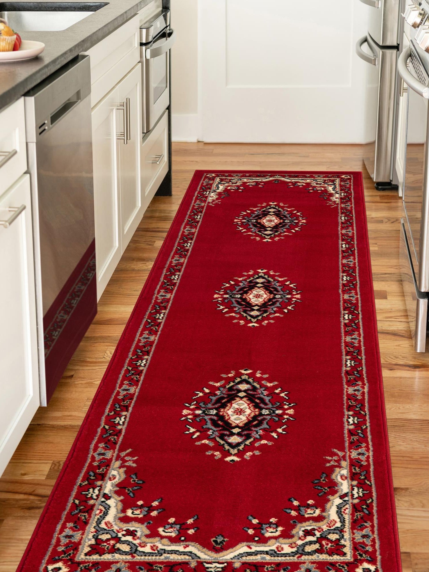 Red 2' x 8' 2 Reza Runner Area Rug 100% Polypropylene Easy Clean Traditional Motif Classic Carpet for Home Interiors for Sale at Rug Engine