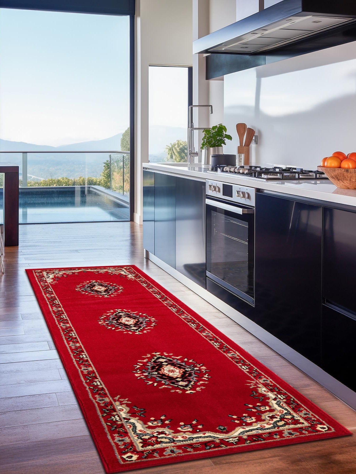 Red 3' 1 x 16' 5 Reza Runner Area Rug 100% Polypropylene Easy Clean Traditional Motif Classic Carpet for Home Interiors for Sale at Rug Engine