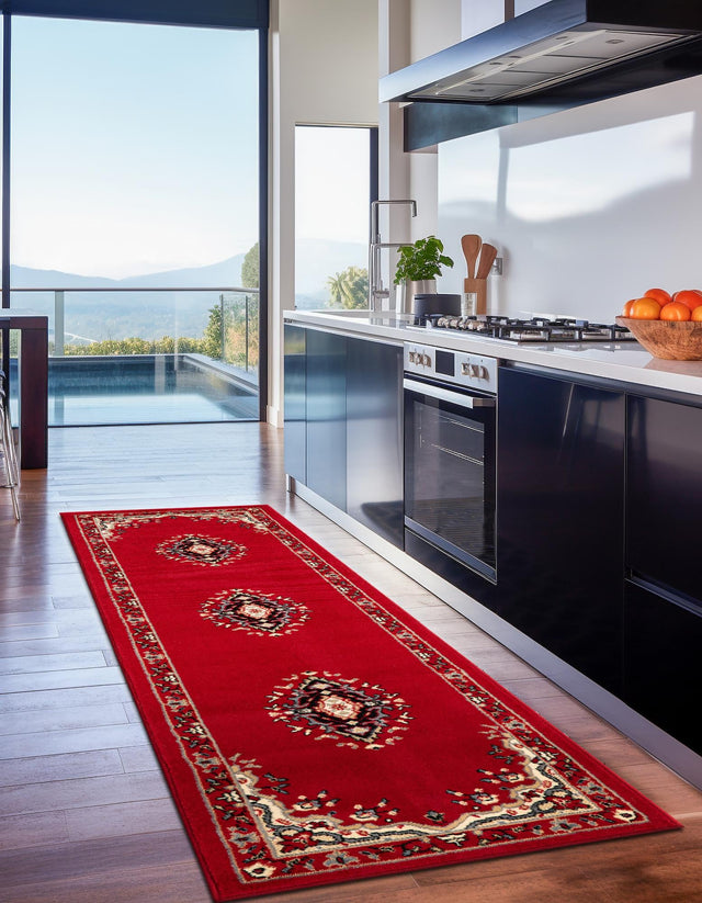Red 2' x 8' 2 Reza Runner Area Rug 100% Polypropylene Easy Clean Traditional Motif Classic Carpet for Home Interiors for Sale at Rug Engine