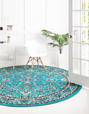 Turquoise 7' 10 x 7' 10 Sialk Hill Round Area Rug 100% Polypropylene Durable Easy Clean Classic Traditional Design Carpet for Interior Design for Sale at Rug Engine