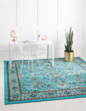 Turquoise 7' 10 x 7' 10 Sialk Hill Square Area Rug 100% Polypropylene Durable Easy Clean Classic Traditional Design Carpet for Interior Design for Sale at Rug Engine