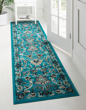 Turquoise 2' 7 x 10' Sialk Hill Runner Area Rug 100% Polypropylene Durable Easy Clean Classic Traditional Design Carpet for Interior Design for Sale at Rug Engine