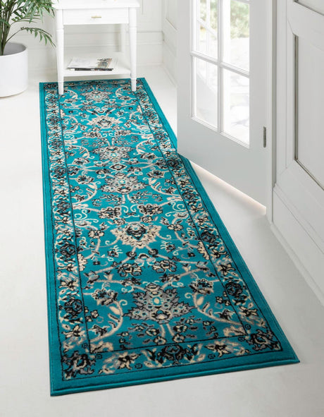 Turquoise 2' 7 x 10' Sialk Hill Runner Area Rug 100% Polypropylene Durable Easy Clean Classic Traditional Design Carpet for Interior Design for Sale at Rug Engine