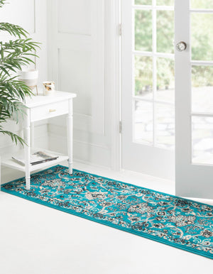 Turquoise 2' 7 x 10' Sialk Hill Runner Area Rug 100% Polypropylene Durable Easy Clean Classic Traditional Design Carpet for Interior Design for Sale at Rug Engine