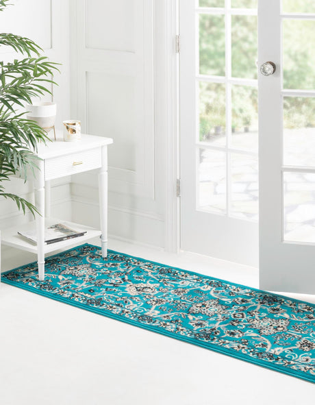 Turquoise 2' 7 x 10' Sialk Hill Runner Area Rug 100% Polypropylene Durable Easy Clean Classic Traditional Design Carpet for Interior Design for Sale at Rug Engine