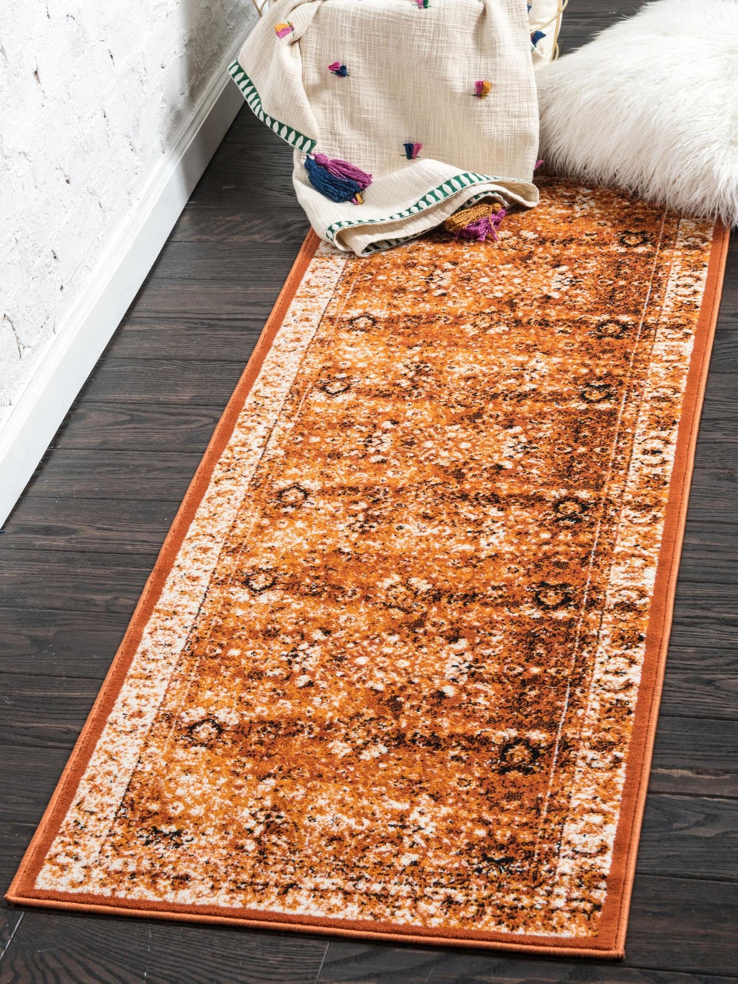 Terracotta and White 2' x 6' 1 Imperial Runner Area Rug 100% Polypropylene With Cotton Backing Traditional Vintage Distressed Design Carpet for Sale at Rug Engine