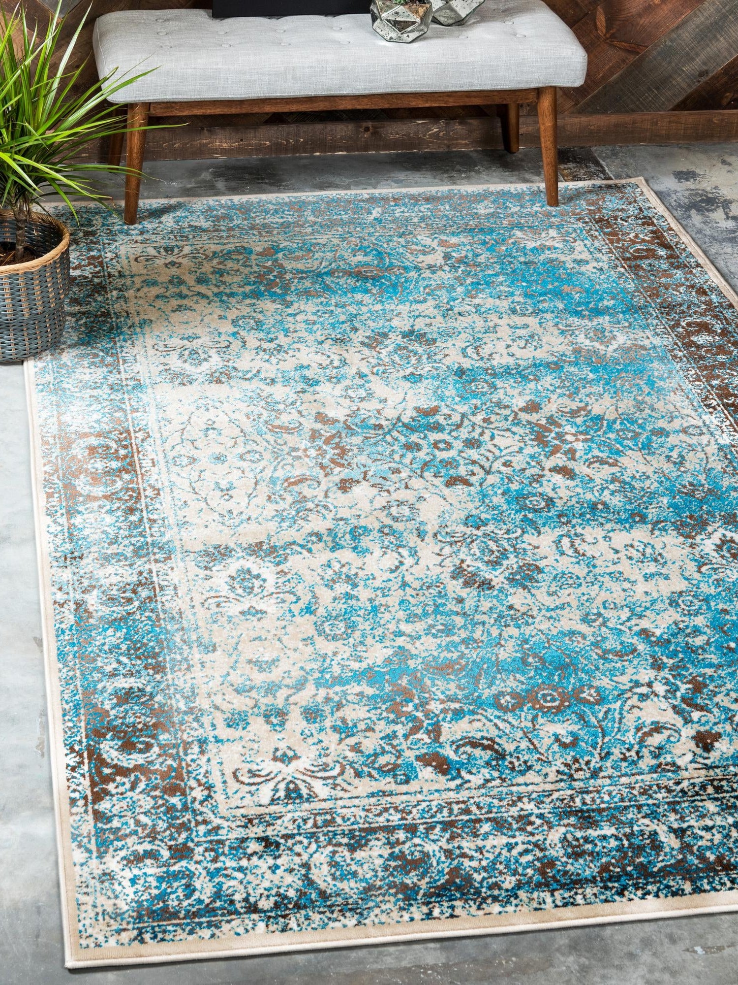 Ivory and Blue 7' 1 x 10' Imperial Rectangle Area Rug 100% Polypropylene With Cotton Backing Traditional Vintage Distressed Design Carpet for Sale at Rug Engine