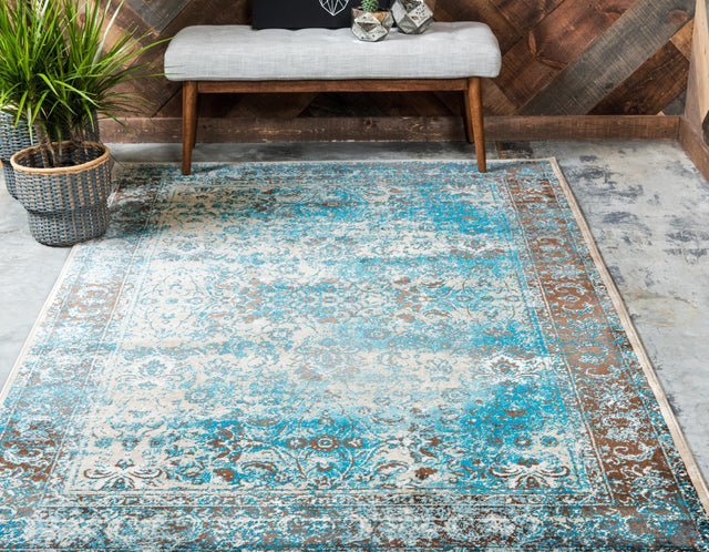 Ivory and Blue 7' 1 x 10' Imperial Rectangle Area Rug 100% Polypropylene With Cotton Backing Traditional Vintage Distressed Design Carpet for Sale at Rug Engine
