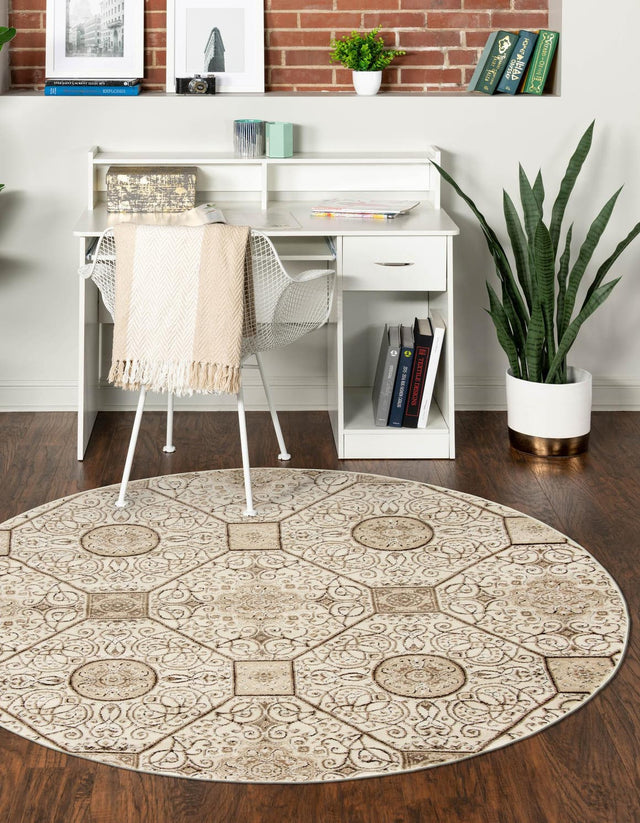 Cream 5' 1 x 5' 1 Rushmore Round Area Rug 55% Polypropylene & 45% Polyester Durable Quality Carpet for Indoor Home Decorating for Sale at Rug Engine