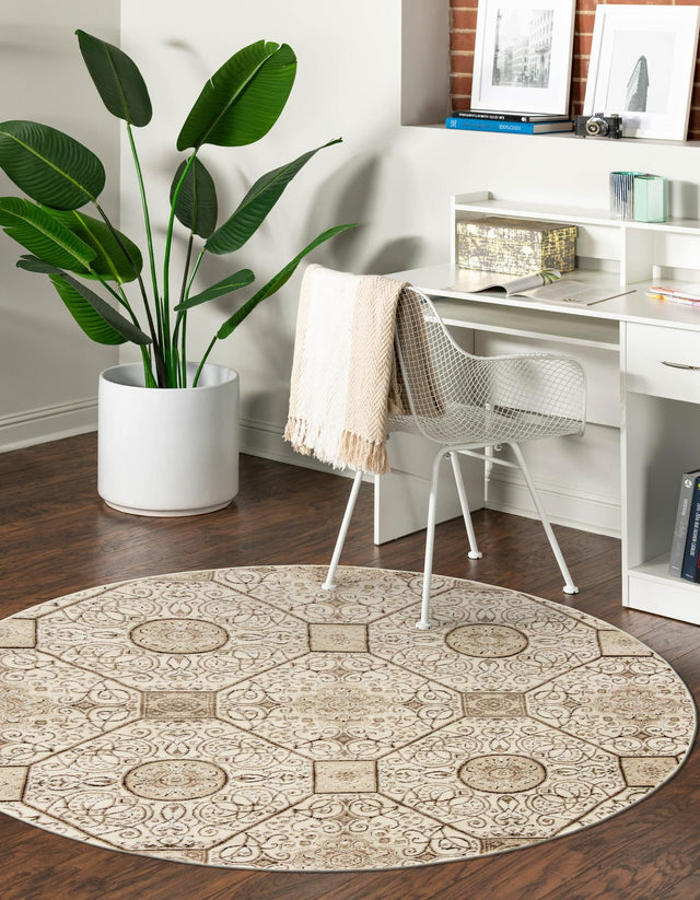 Cream 5' 1 x 5' 1 Rushmore Round Area Rug 55% Polypropylene & 45% Polyester Durable Quality Carpet for Indoor Home Decorating for Sale at Rug Engine