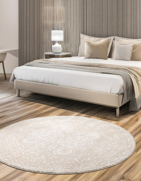 Beige 7' 10 x 7' 10 Rushmore Round Area Rug 55% Polypropylene & 45% Polyester Durable Quality Carpet for Indoor Home Decorating for Sale at Rug Engine