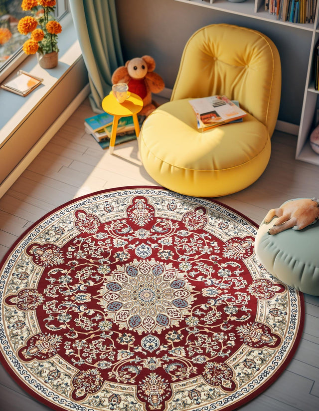 Burgundy 10' x 10' Narenj Round Area Rug 85% Polypropylene & 15% Polyester Traditional Classic Carpet for Living, Dining, Bedrooms, Office for Sale at Rug Engine