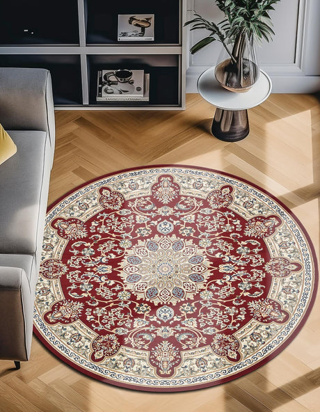 Burgundy 10' x 10' Narenj Round Area Rug 85% Polypropylene & 15% Polyester Traditional Classic Carpet for Living, Dining, Bedrooms, Office for Sale at Rug Engine