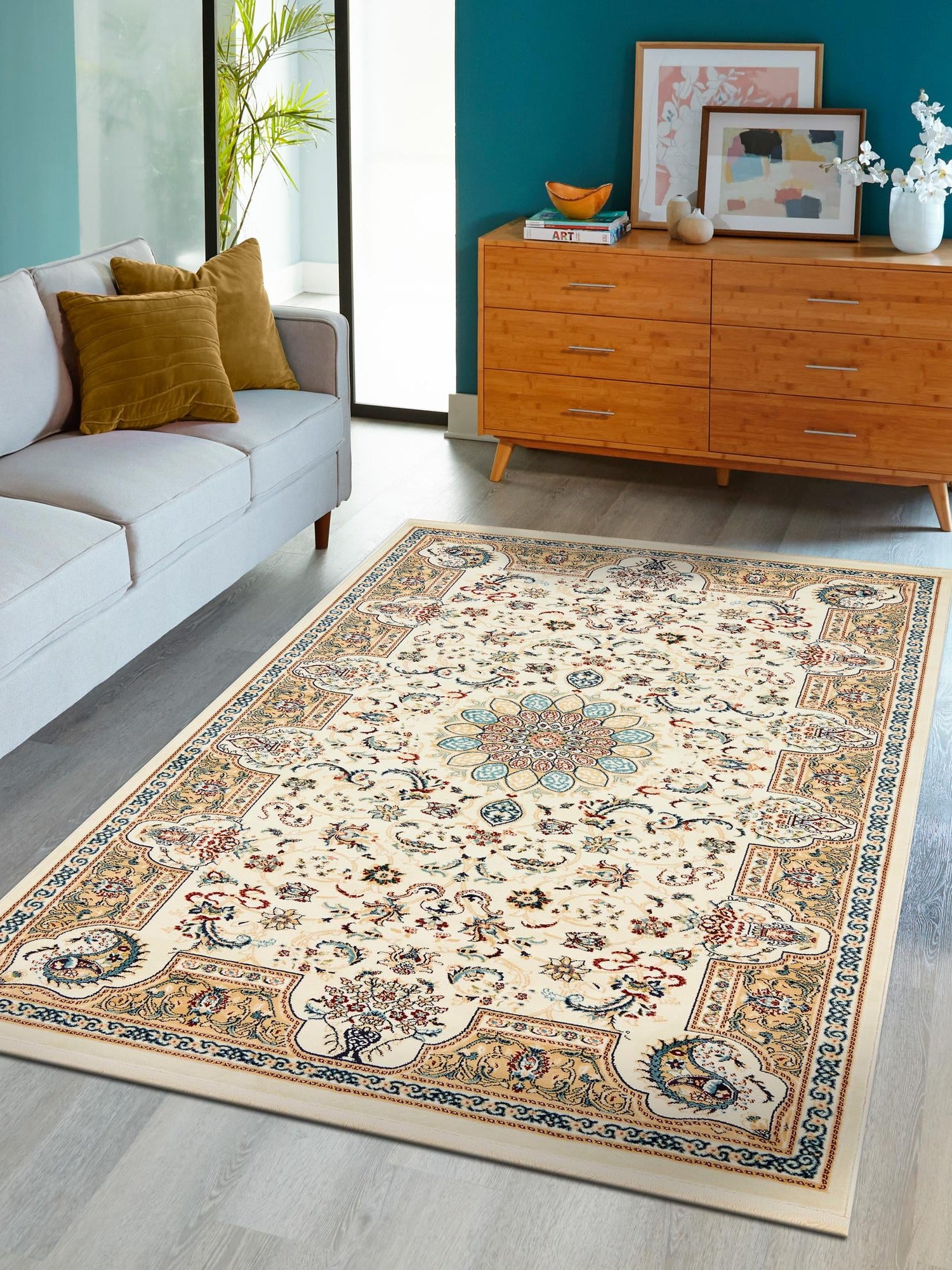 Ivory 8' x 10' Narenj Rectangle Area Rug 85% Polypropylene & 15% Polyester Traditional Classic Carpet for Living, Dining, Bedrooms, Office for Sale at Rug Engine