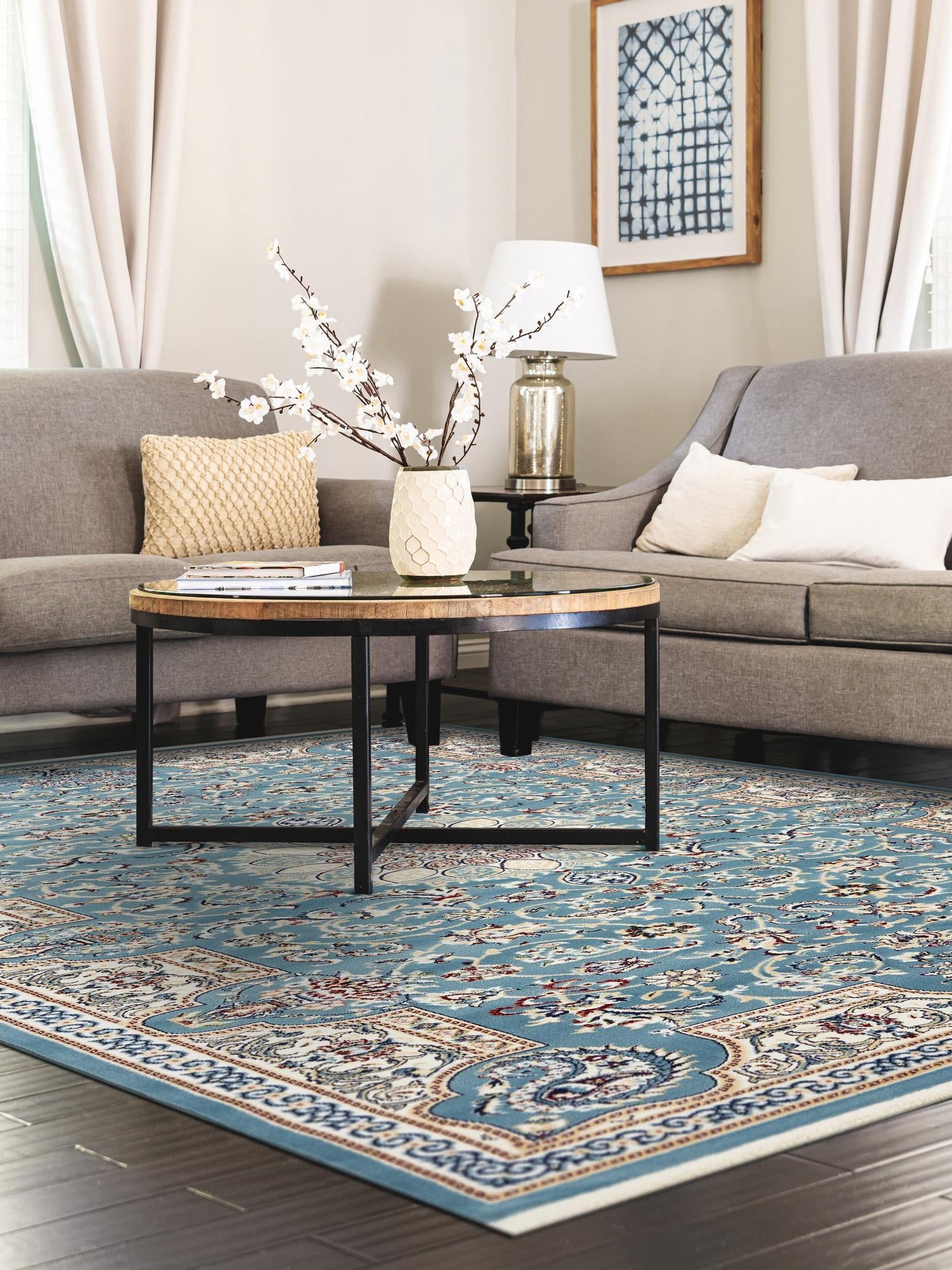 Blue 5' 3 x 8' Narenj Rectangle Area Rug 85% Polypropylene & 15% Polyester Traditional Classic Carpet for Living, Dining, Bedrooms, Office for Sale at Rug Engine