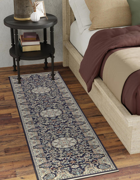 Navy Blue 3' x 13' 1 Narenj Runner Area Rug 85% Polypropylene & 15% Polyester Traditional Classic Carpet for Living, Dining, Bedrooms, Office for Sale at Rug Engine