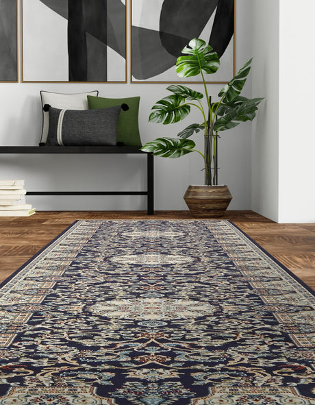 Navy Blue 3' x 13' 1 Narenj Runner Area Rug 85% Polypropylene & 15% Polyester Traditional Classic Carpet for Living, Dining, Bedrooms, Office for Sale at Rug Engine