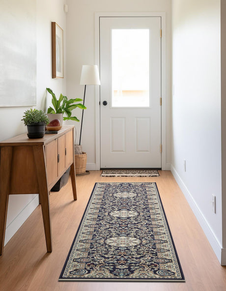 Navy Blue 3' x 13' 1 Narenj Runner Area Rug 85% Polypropylene & 15% Polyester Traditional Classic Carpet for Living, Dining, Bedrooms, Office for Sale at Rug Engine