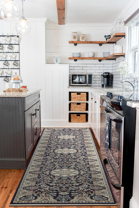 Navy Blue 3' x 13' 1 Narenj Runner Area Rug 85% Polypropylene & 15% Polyester Traditional Classic Carpet for Living, Dining, Bedrooms, Office for Sale at Rug Engine